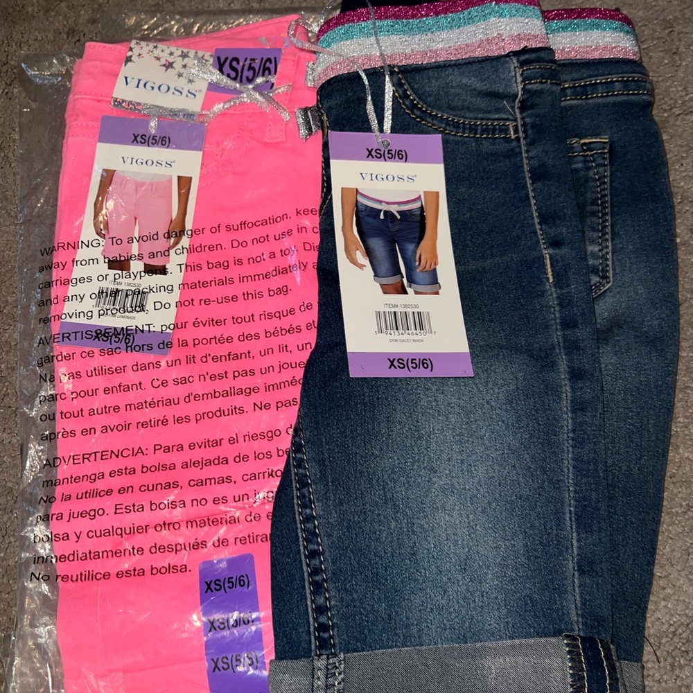 2x NEW girls - XS 5/6 Blue Skinny Jeans + pink skinny jeans